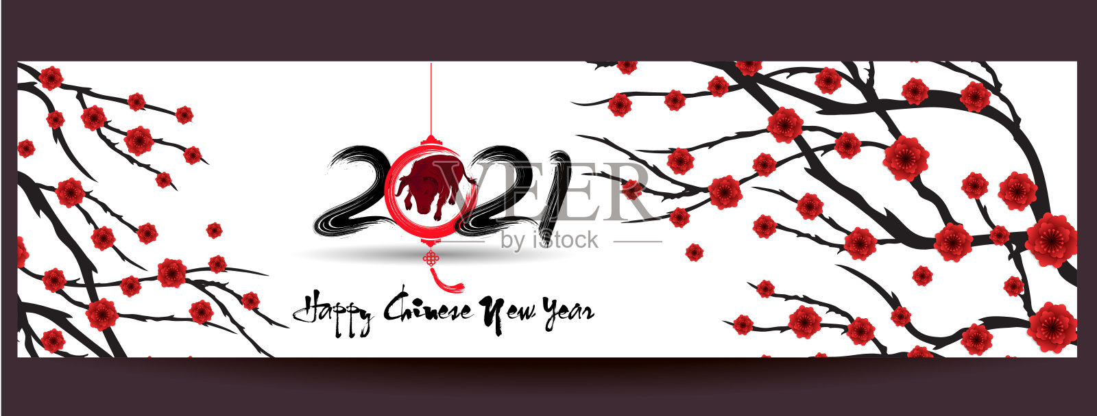 新春快乐，2021年的牛花和亚洲元素与工艺风格的背景。插画图片素材