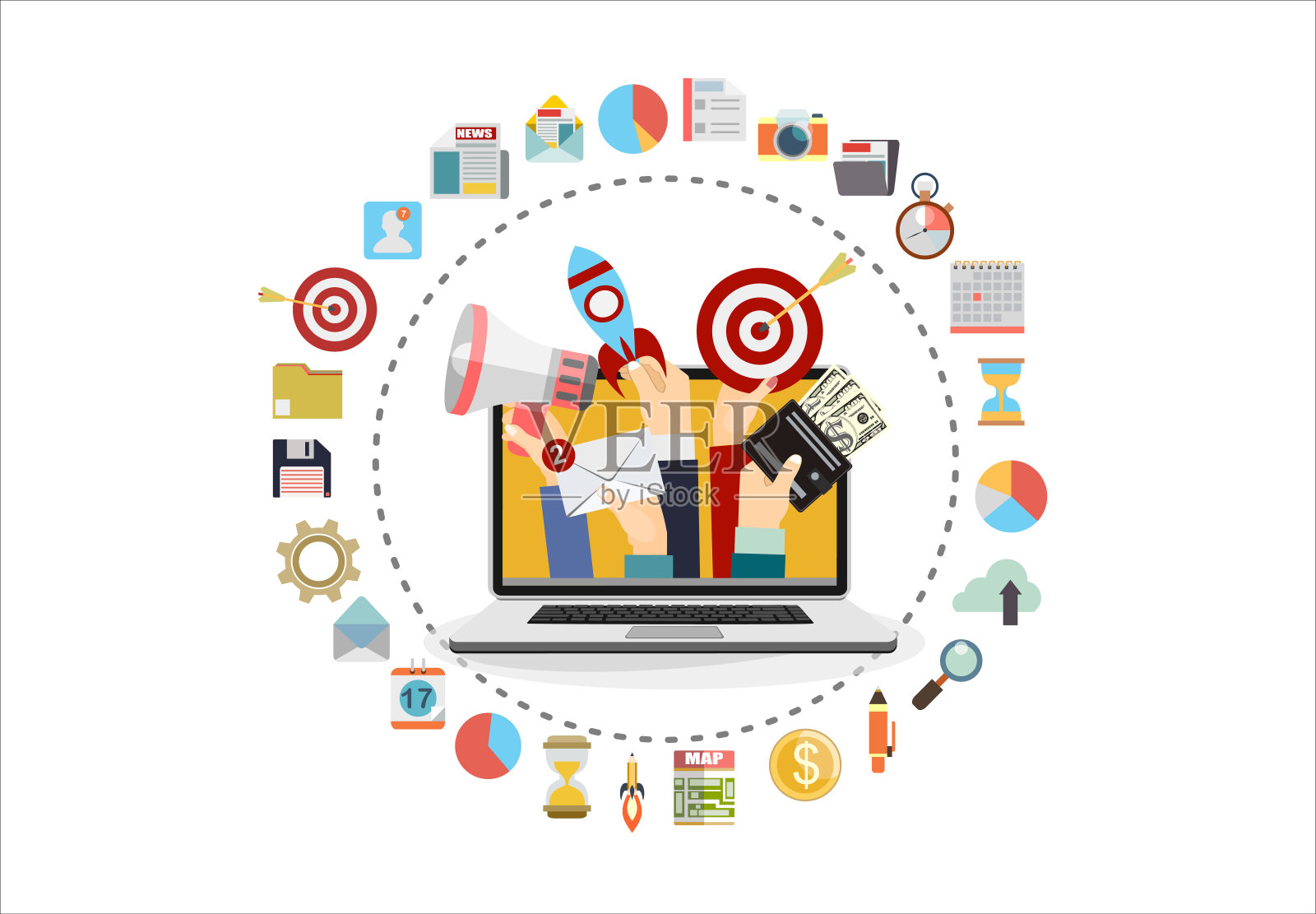 手持扩音器，邮件，启动和目标从笔记本电脑出来，数字营销矢量概念。矢量平面设计插图。插画图片素材