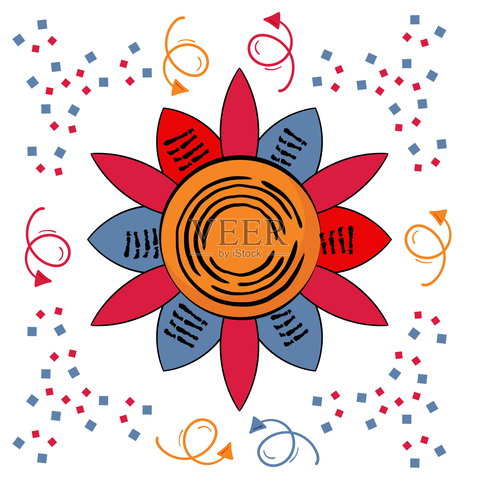 太阳矢量。一个简单的太阳形象在一个儿童的风格。矢量插图。手绘艺术插画图片素材