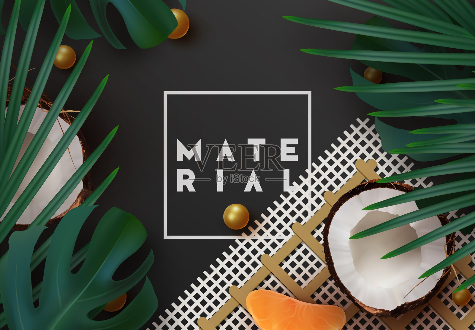 夏季热带背景。各种水果，绿叶，棕榈枝，逼真的椰子开。插画图片素材