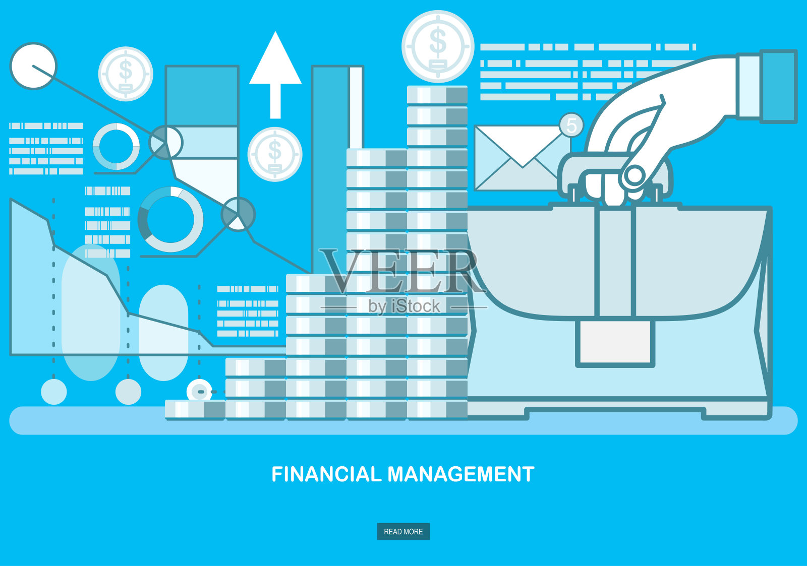 财务管理，分析和市场调研，组织、控制公司资源、风险，实现项目目标。现代线条风格的网页横幅插图插画图片素材