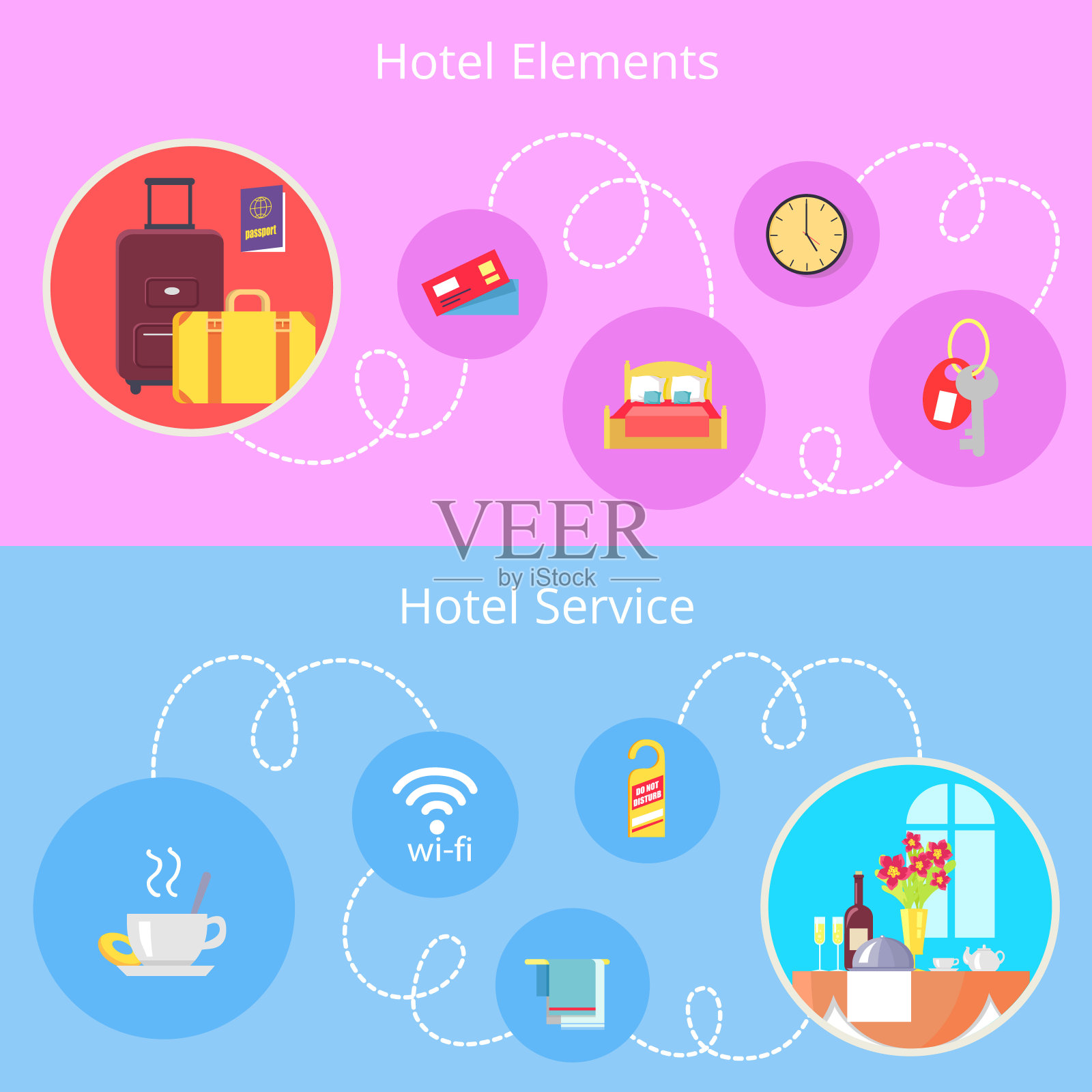 酒店元素和服务矢量平面海报图标素材