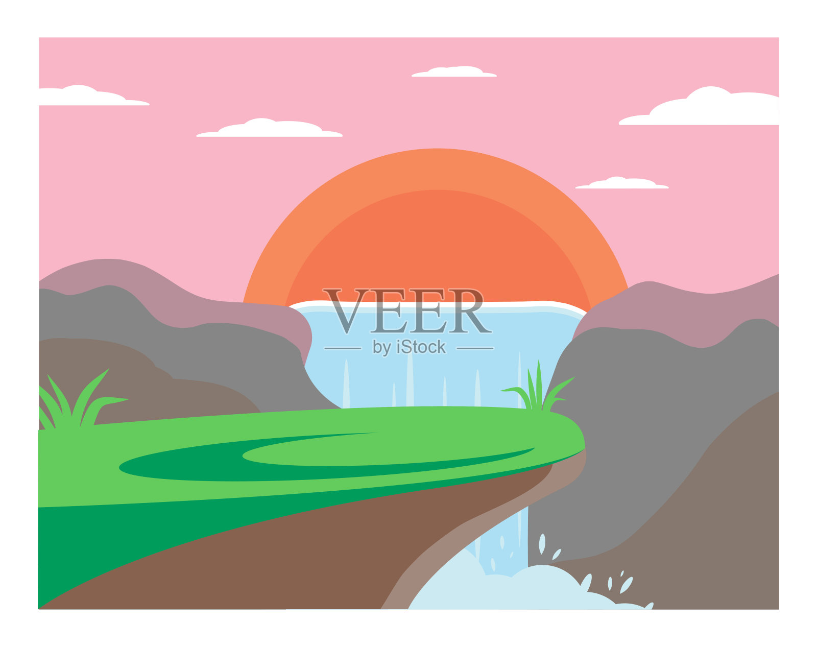 日落瀑布的自然景观插画图片素材