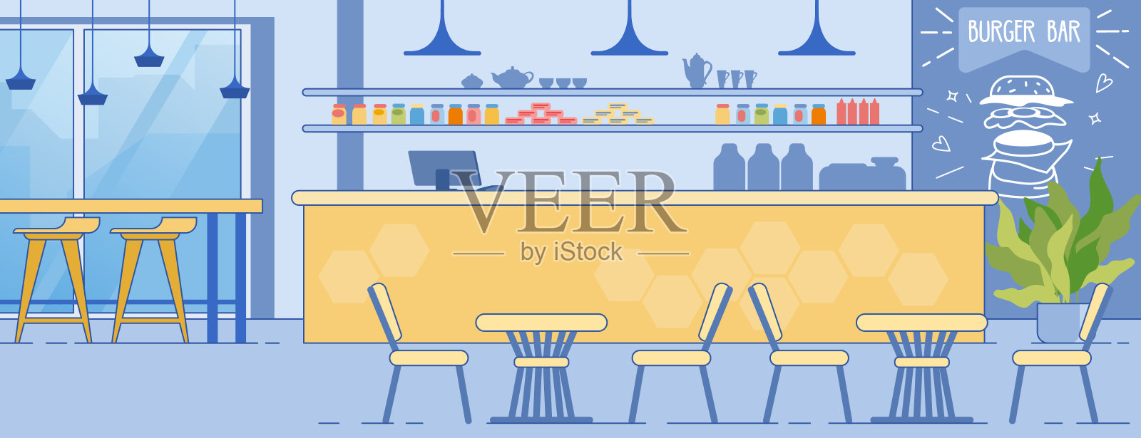 汉堡酒吧内室与柜台桌椅插画图片素材