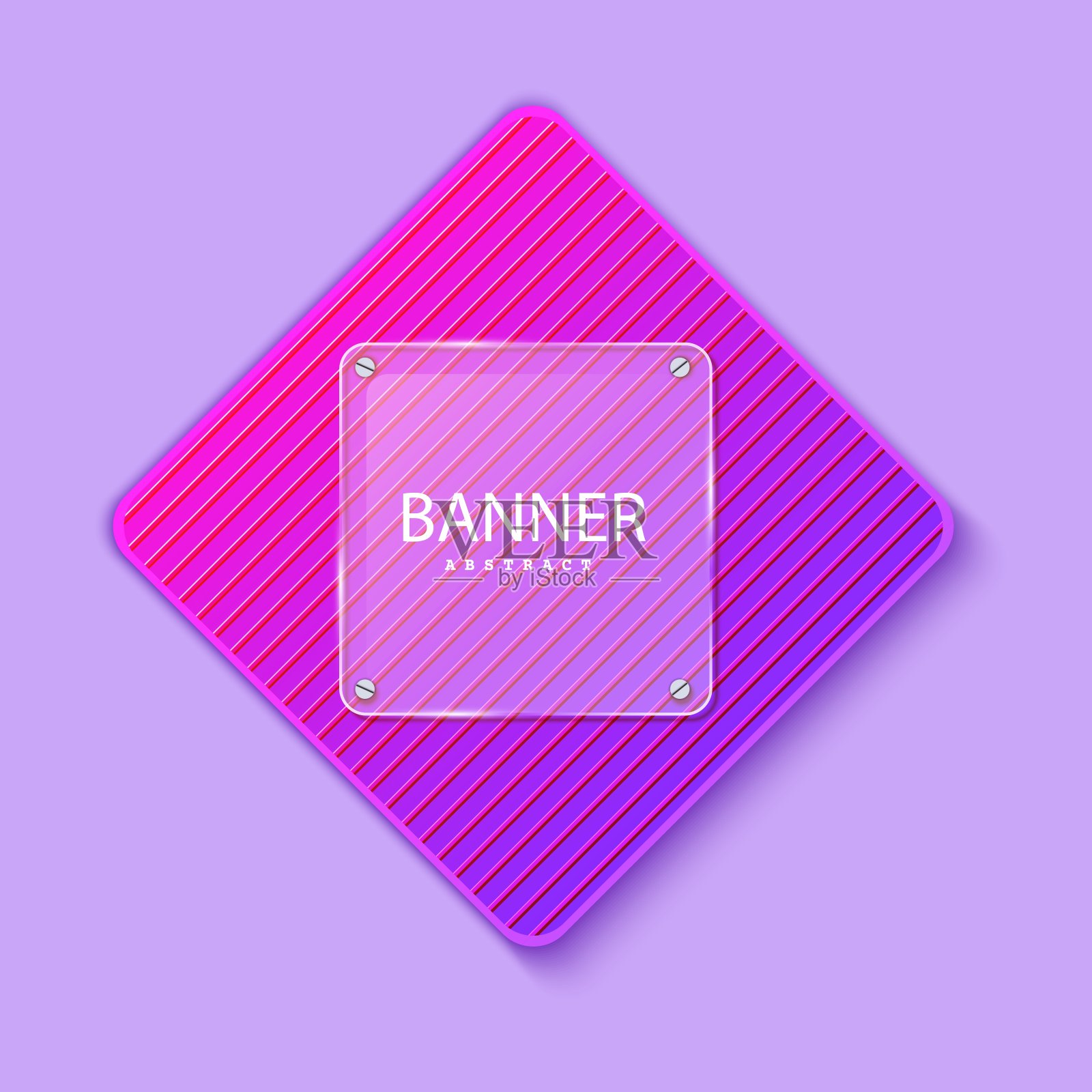 玻璃方形横幅的背景条纹板在一个菱形。分层背景方形形状与颜色霓虹灯梯度。为庆祝卡片，宣传单设计元素插画图片素材