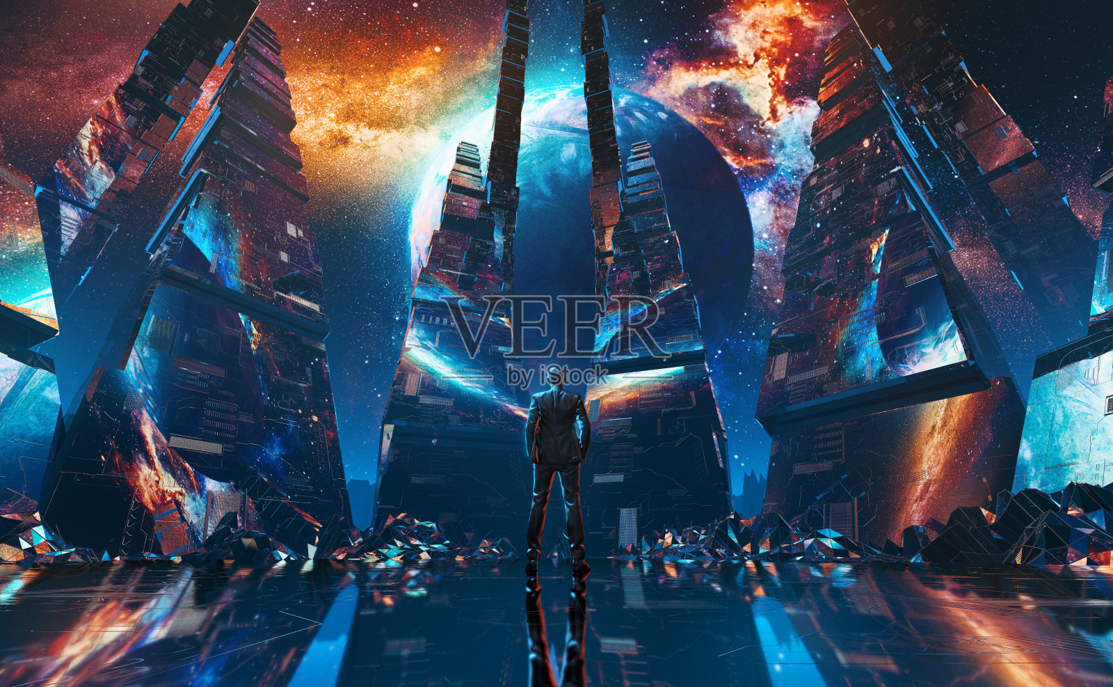 商人们站在未来隧道的中央插画图片素材