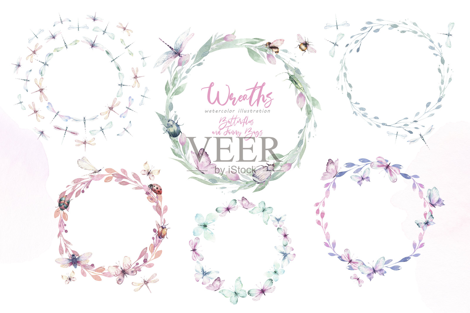 水彩斑斓的蝴蝶，孤立的蝴蝶在白色的背景。蓝色，黄色，粉色和红色的蝴蝶春天插图。插画图片素材