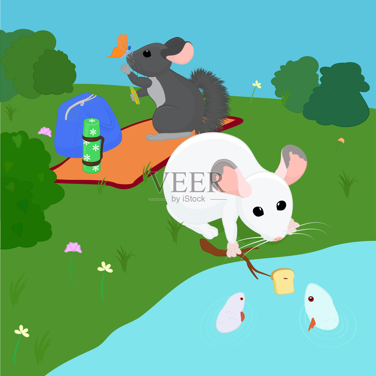 龙猫在河边的大自然中放松插画图片素材