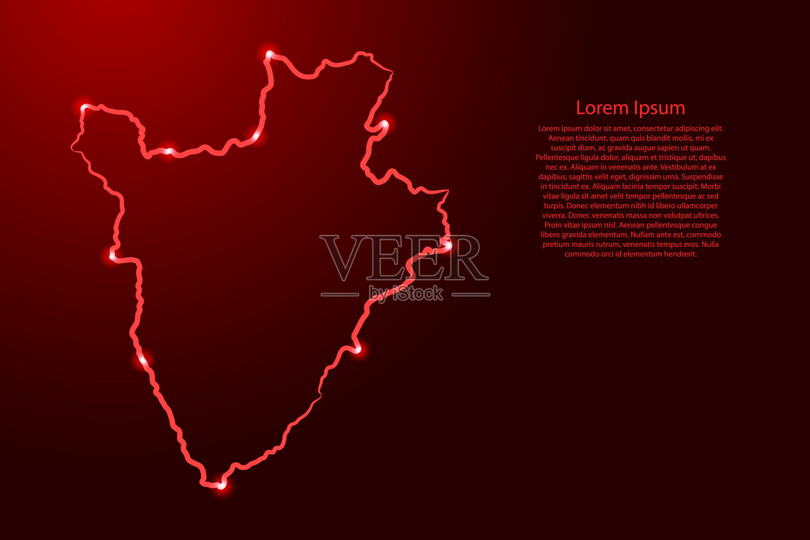 布隆迪地图从等高线红色笔刷不同粗细和发光的星星在黑暗的背景。矢量插图。插画图片素材