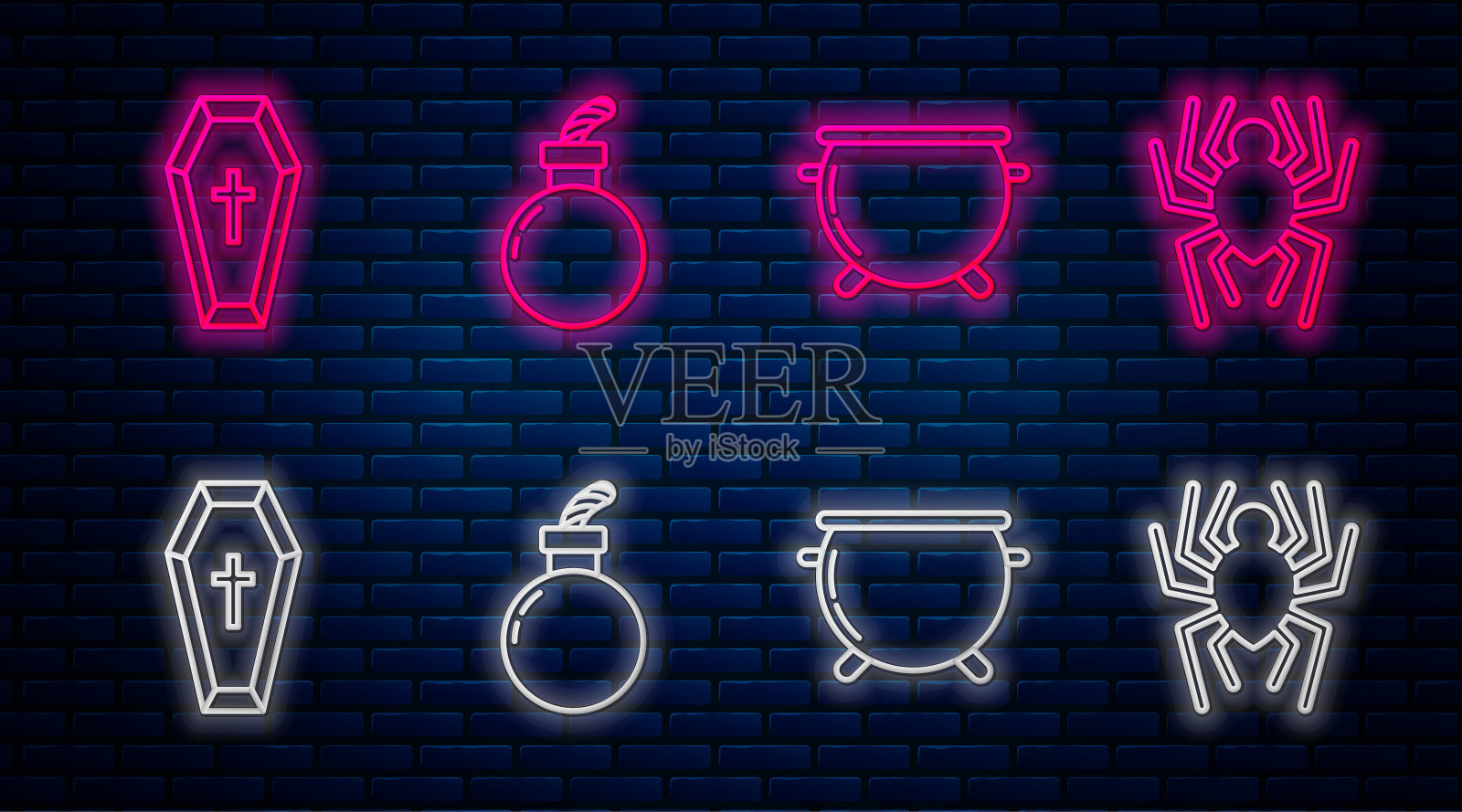 设定线炸弹准备爆炸，万圣节女巫坩埚，棺材与基督教十字架和蜘蛛。砖墙上发光的霓虹灯图标。向量插画图片素材