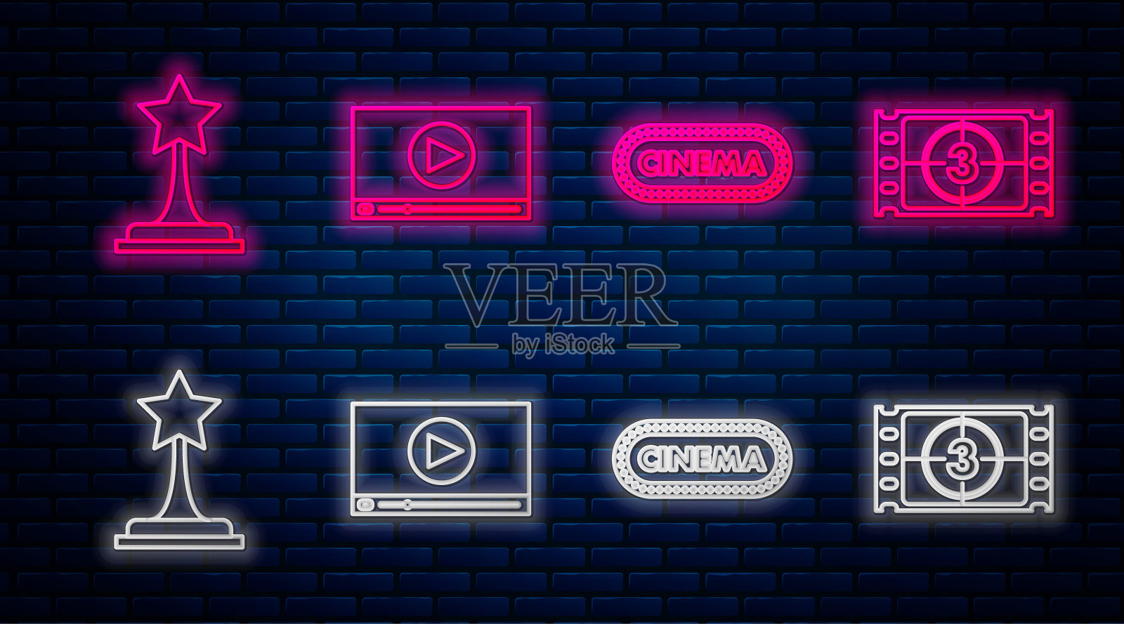 设置在线播放视频，电影海报设计模板，电影奖杯和播放视频。砖墙上发光的霓虹灯图标。向量设计模板素材