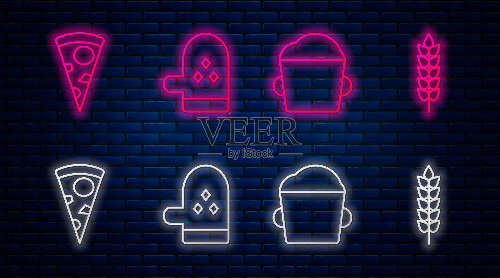 烤箱手套，面包碗面团，披萨片和谷类大米，小麦，玉米，燕麦，黑麦。砖墙上发光的霓虹灯图标。向量插画图片素材