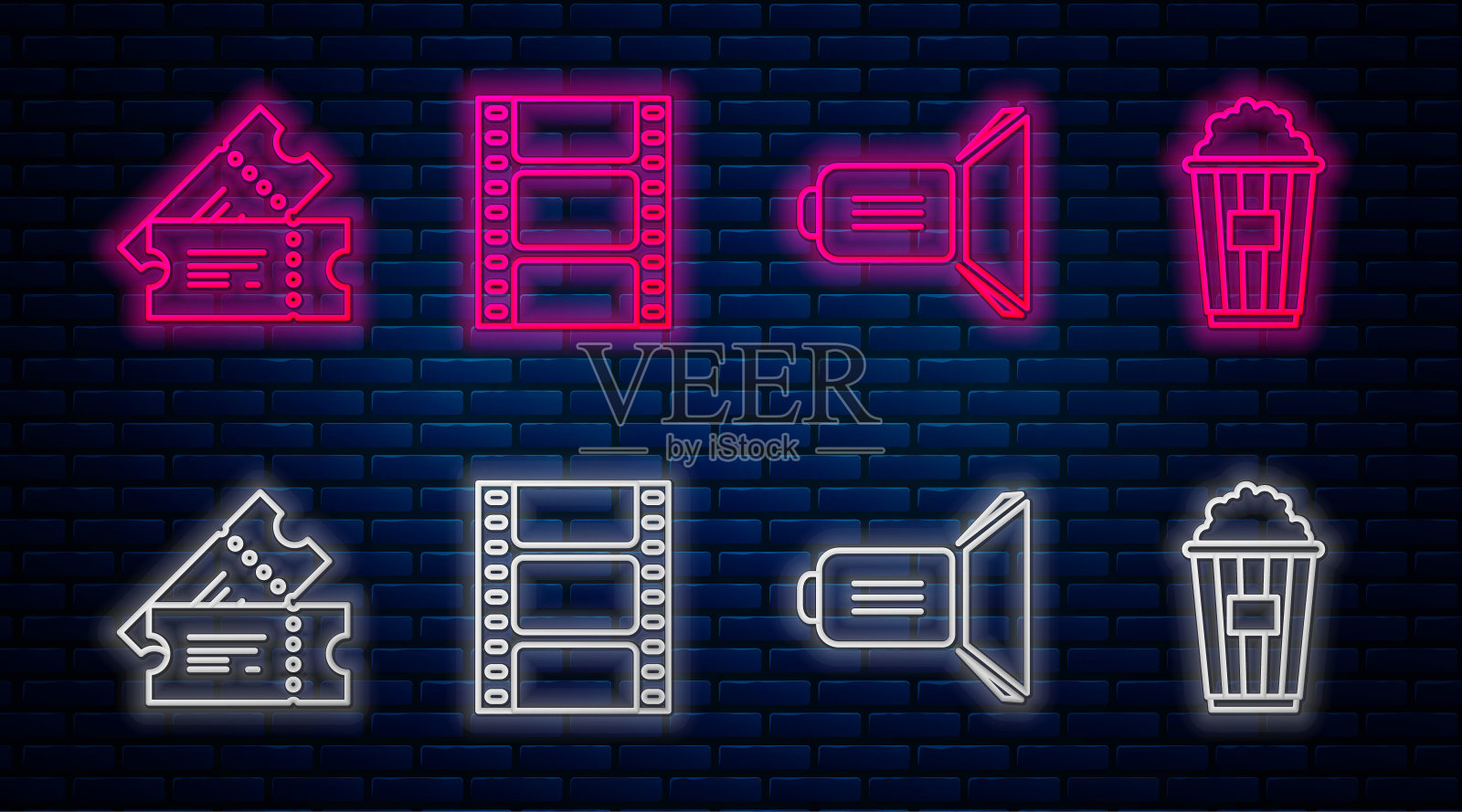 设置播放视频，电影聚光灯，电影票和爆米花纸盒。砖墙上发光的霓虹灯图标。向量图标素材