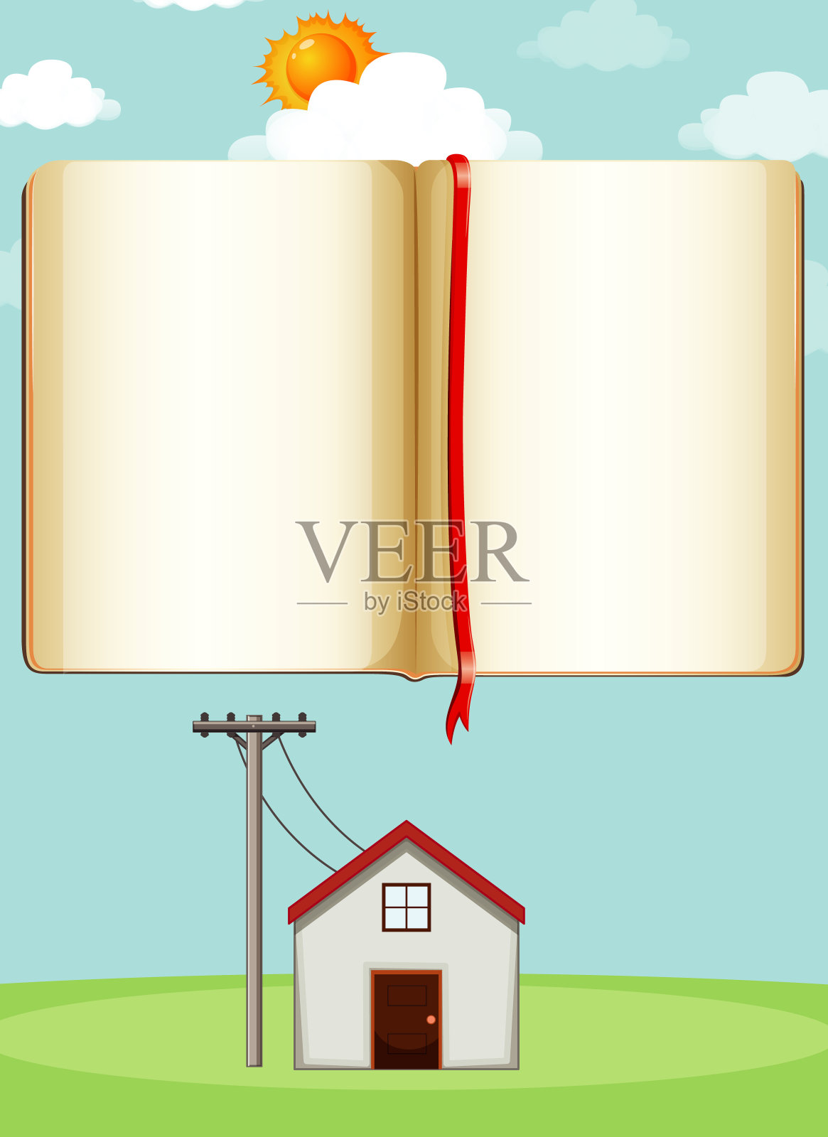 边界模板与小房子在田野插画图片素材