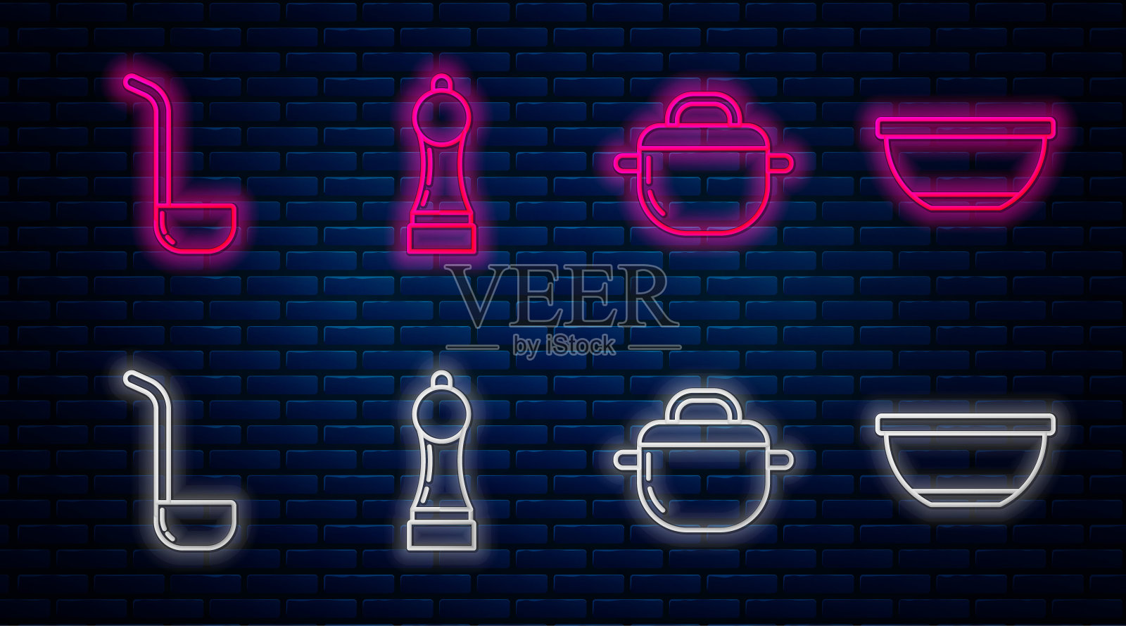 配线辣椒，锅，勺，碗。砖墙上发光的霓虹灯图标。向量图标素材