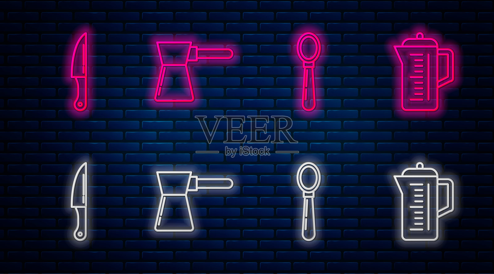 系列咖啡壶，勺子，刀和茶壶。砖墙上发光的霓虹灯图标。向量插画图片素材