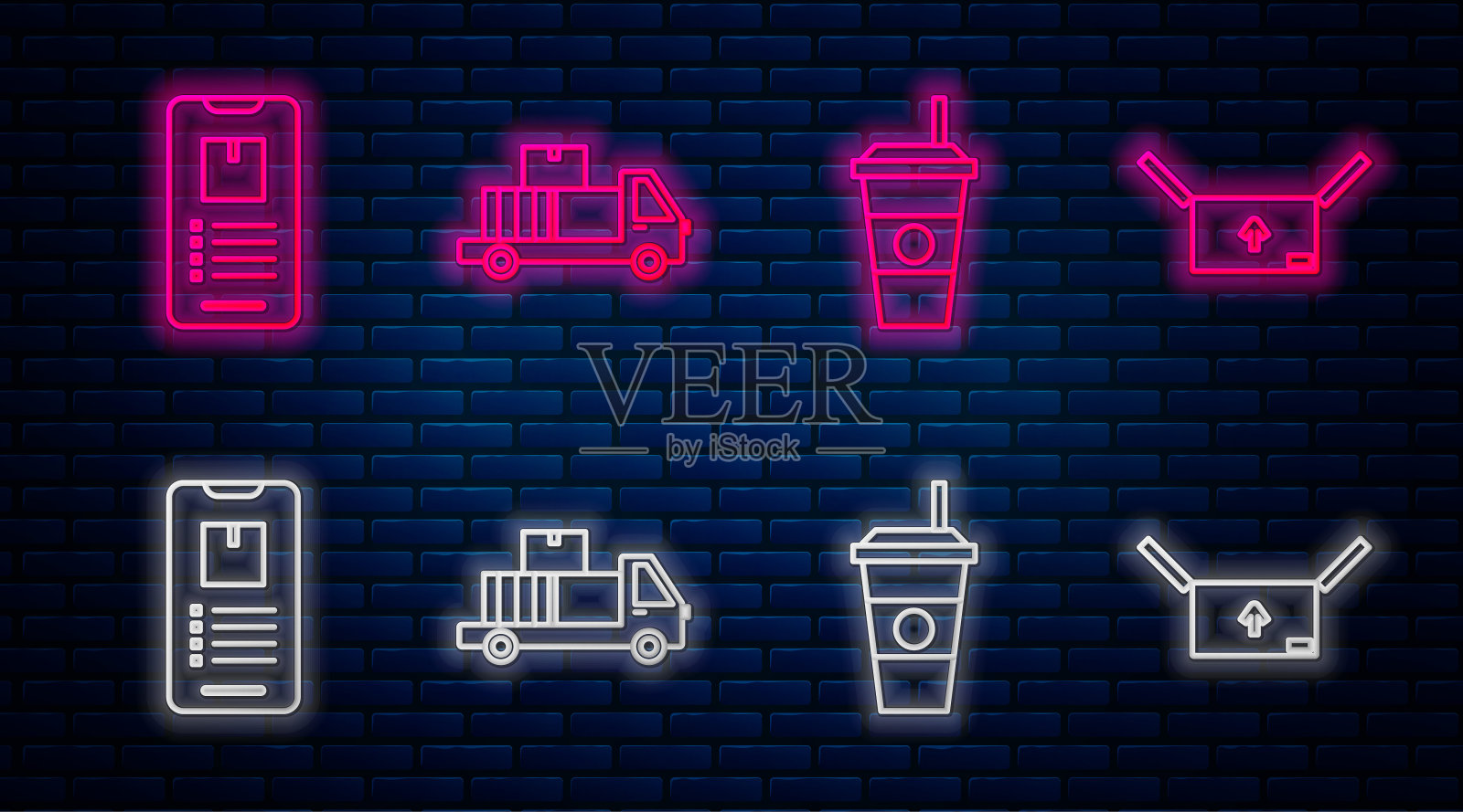 设有带纸箱的快递车、咖啡杯、带app的手机、带交通标志的纸箱。砖墙上发光的霓虹灯图标。向量插画图片素材