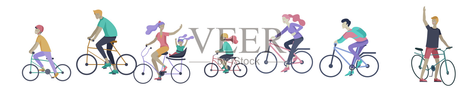年轻女子和男子在公园里骑自行车，家人和朋友骑自行车。妈妈、爸爸和孩子们一起在公园里骑自行车。运动户外活动。卡通向量插画图片素材
