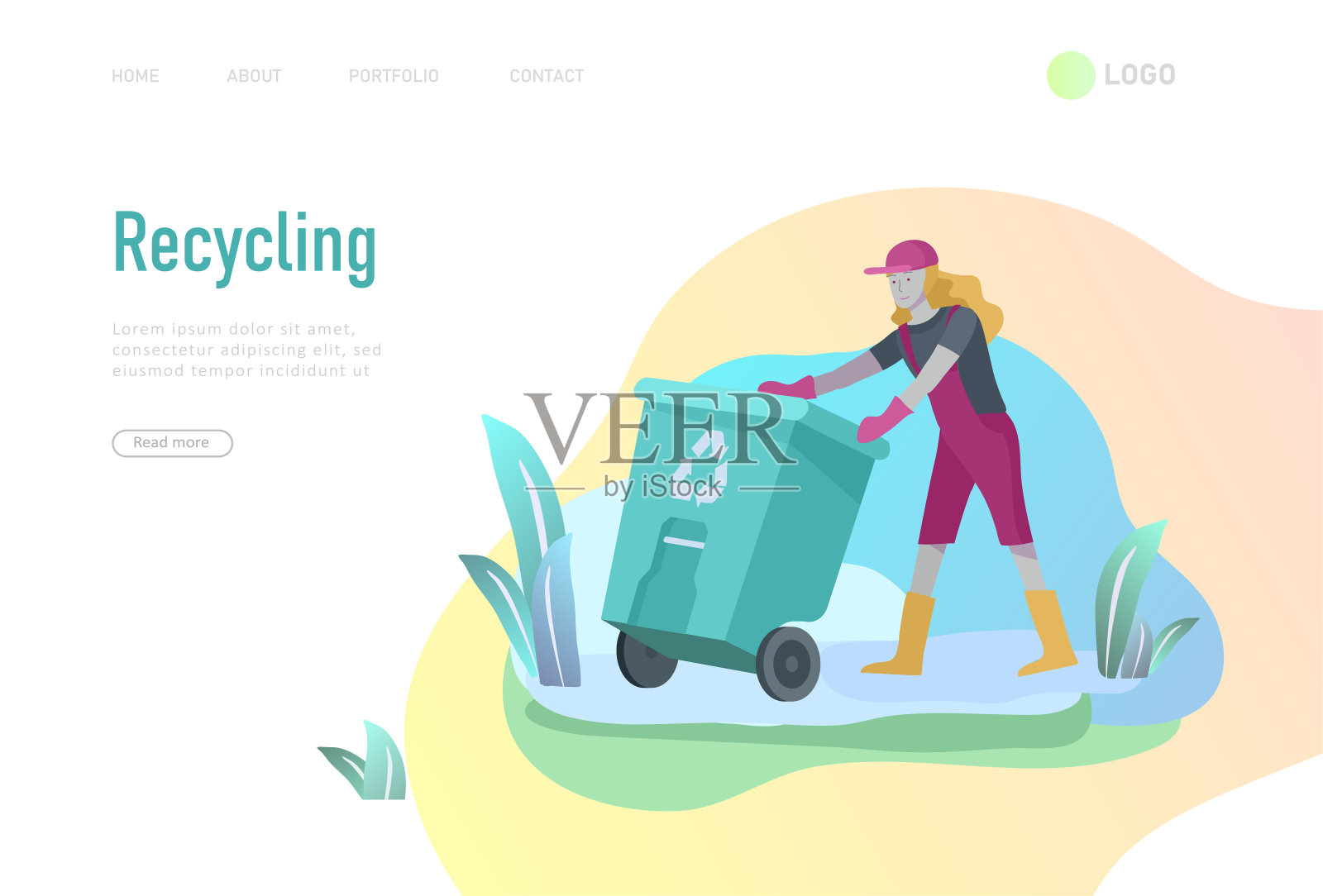 登陆页模板与人回收分类垃圾在不同的容器，以减少环境污染。有孩子的家庭收集垃圾。地球日矢量漫画插画图片素材