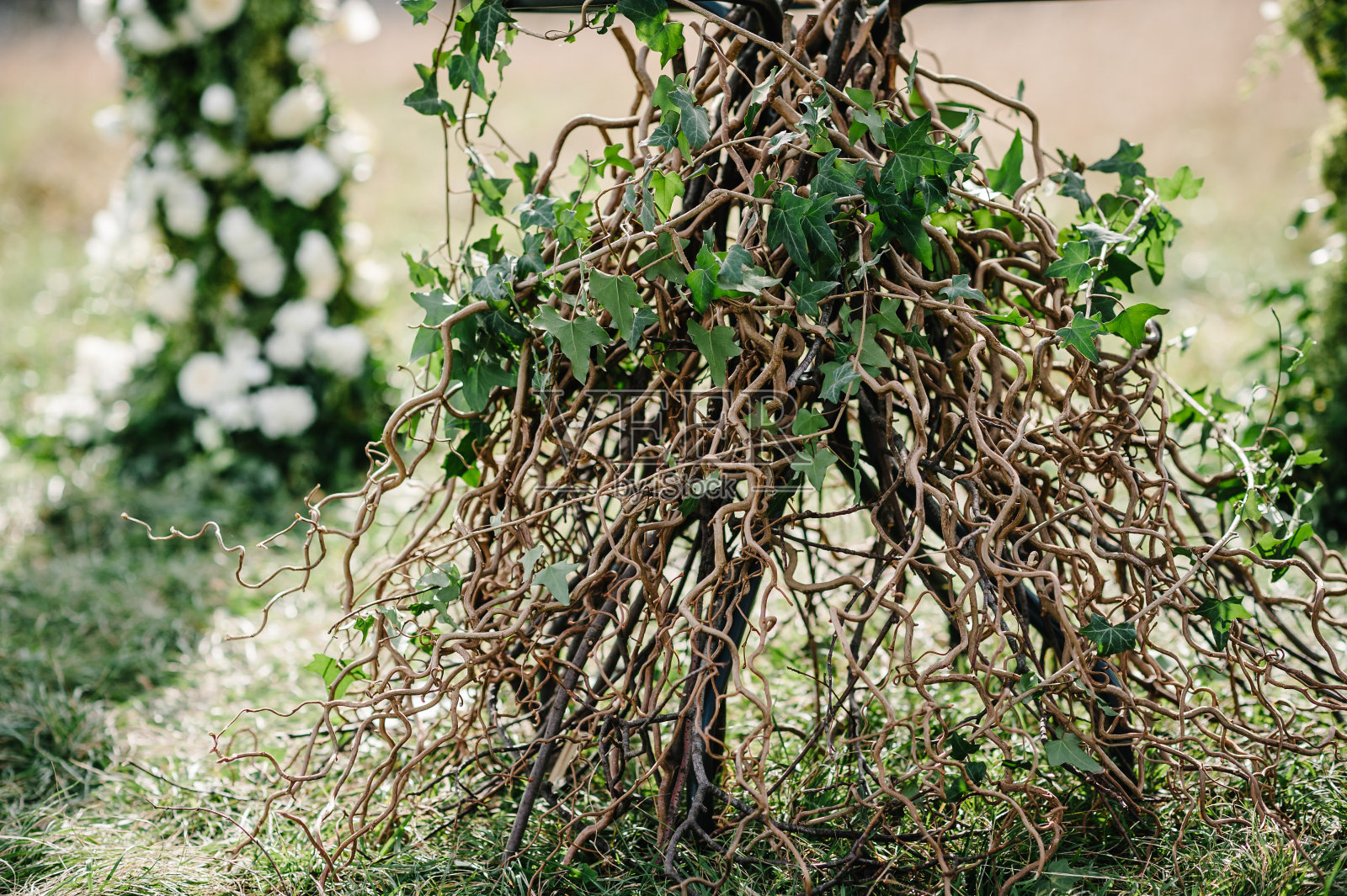 婚礼装饰。原装花饰，花束。婚礼拱门装饰在森林里。照片摄影图片