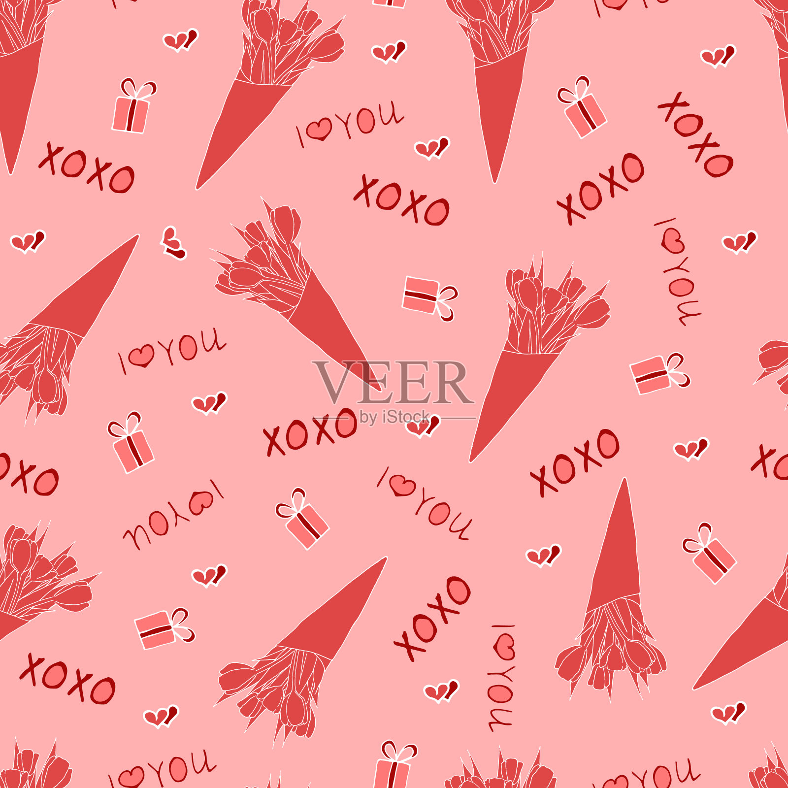 可爱的粉色无缝图案的情人节。花束和刻字。我爱你。亲亲抱抱。插画图片素材