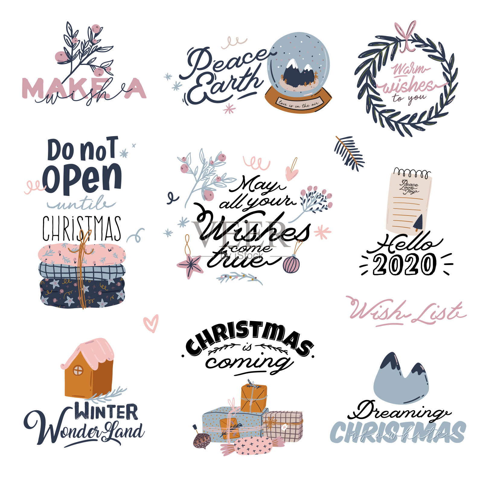 圣诞快乐或2020年快乐插画与节日字母和传统的冬季元素设计元素图片