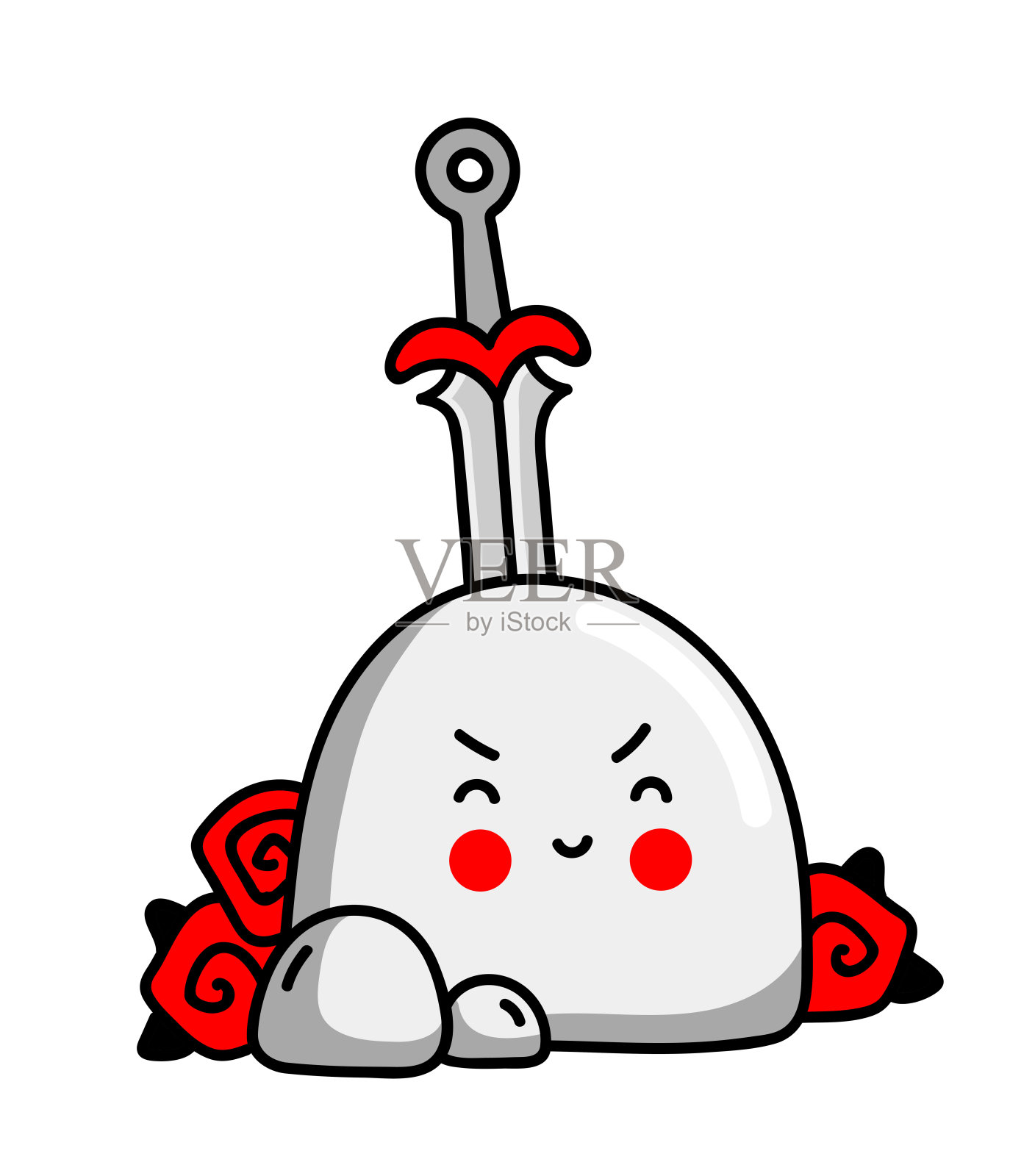 石中插着王者之剑，上面缠绕着玫瑰。插画图片素材