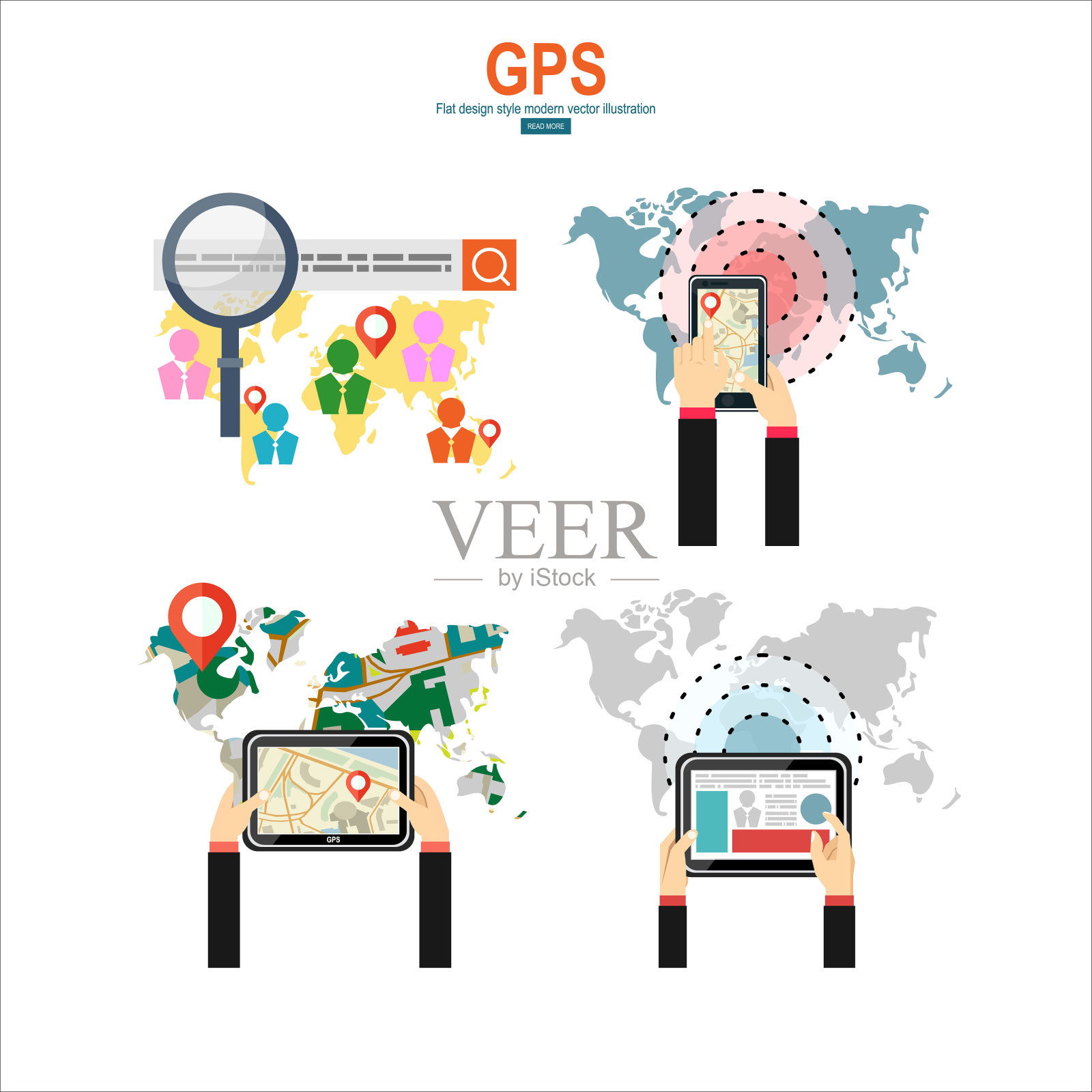 移动gps导航。手持平板电脑的男子插画图片素材