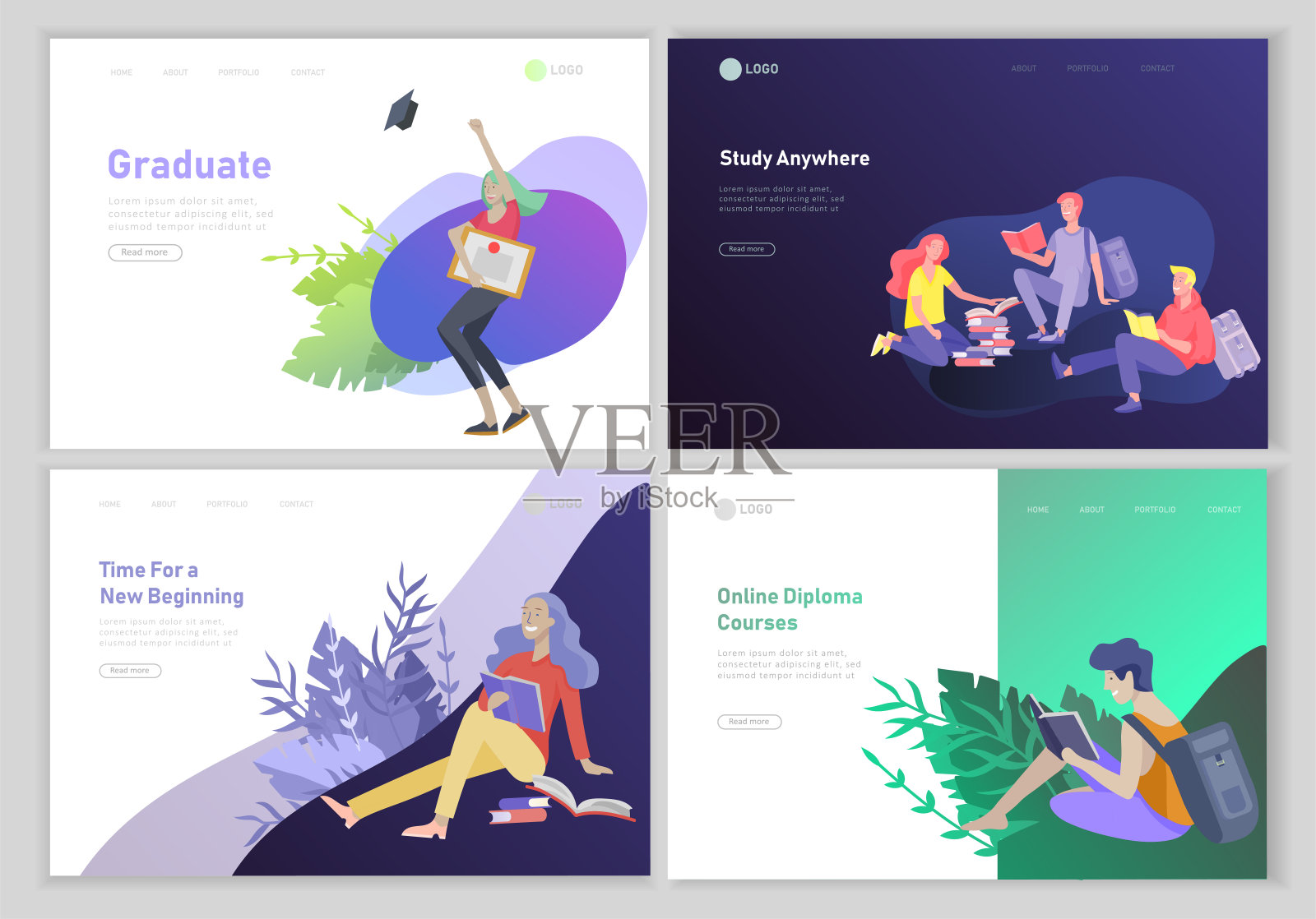 集轻松学习人士户外和研究生在线教育、培训和课程的网页设计模板。现代矢量插图概念插画图片素材