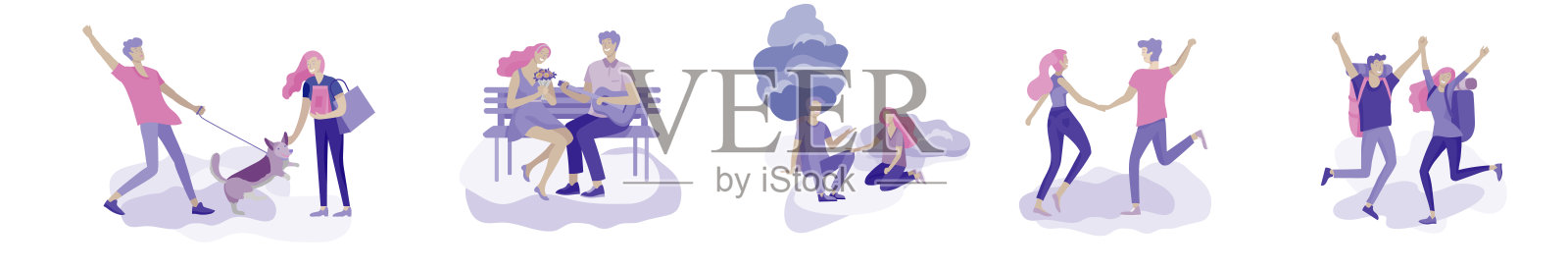 快乐的情侣关系，浪漫的情侣亲吻，拥抱，骑自行车，散步，打网球，吉他，做瑜伽，跳舞。人物情人节设置。色彩斑斓的向量插画图片素材