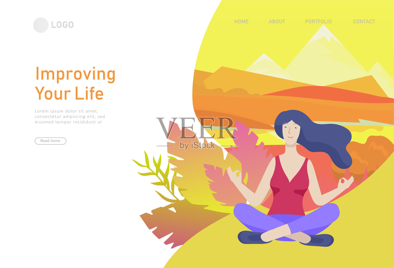 网页设计模板与男人和女人冥想，坐在瑜伽姿势在家和在户外。在大自然中练习瑜伽课。心理健康的概念。向量插画图片素材