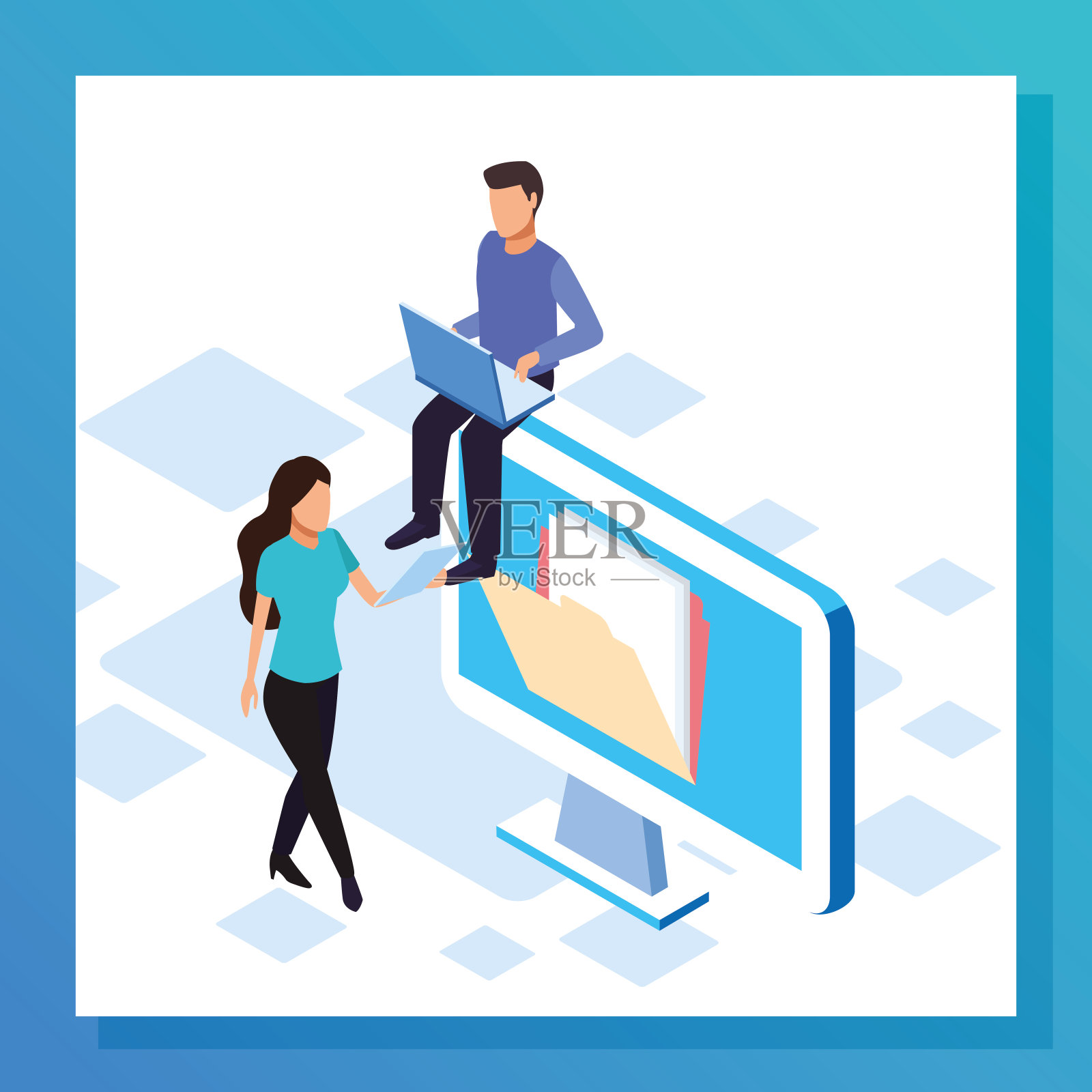 大数据彩色设计配电脑配女人配男人插画图片素材