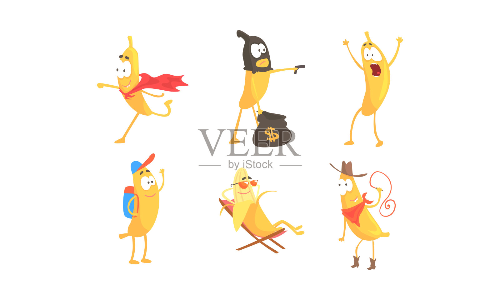 卡通香蕉角色做各种事情向量集插画图片素材