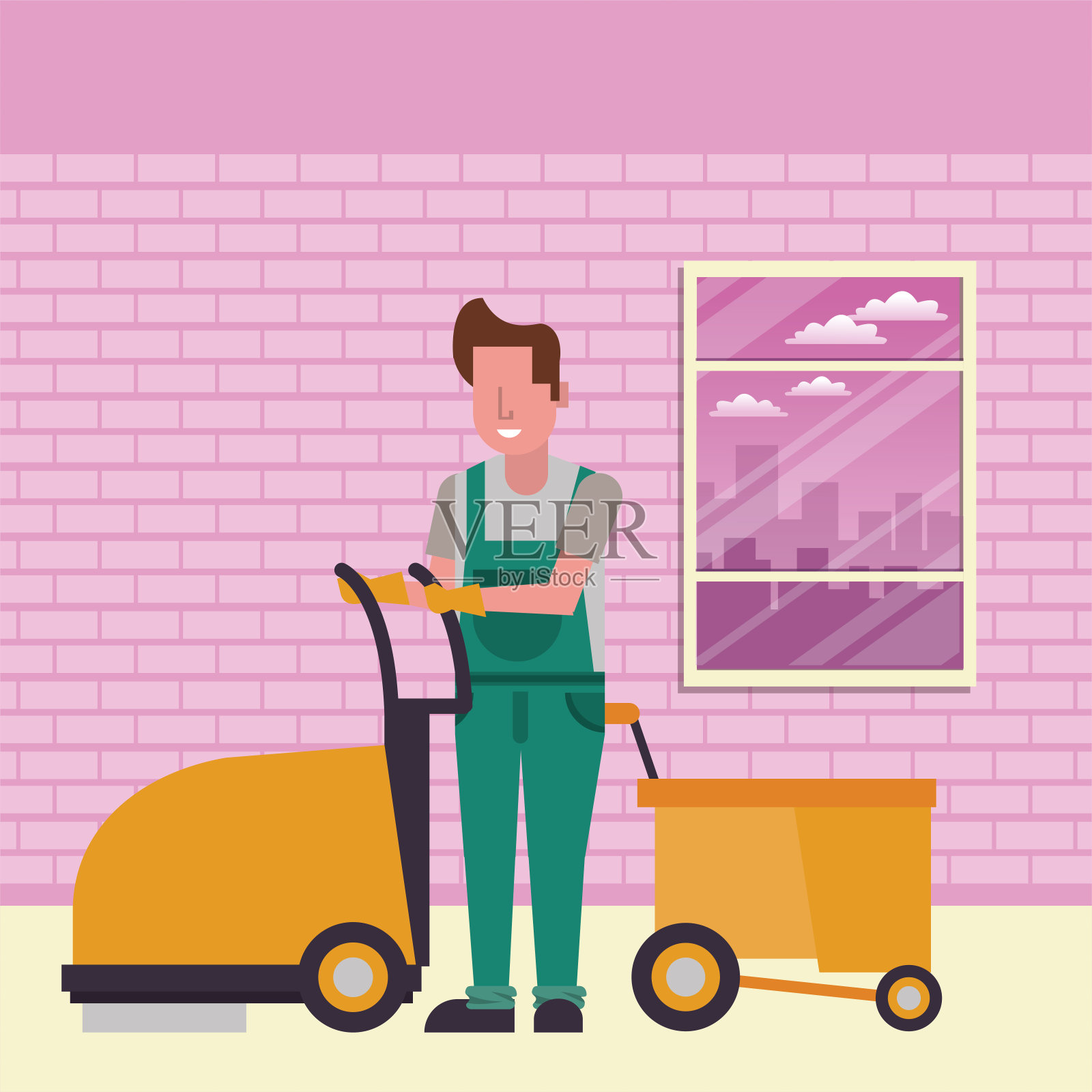 打扫房间的男工人，地板光亮插画图片素材
