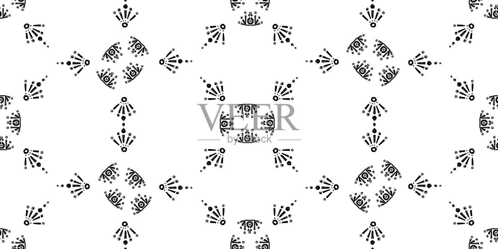 伊卡特图案，印度装饰黑白插图。纳瓦霍图案纹理华丽的表面印刷设计。黑白背景插画图片素材