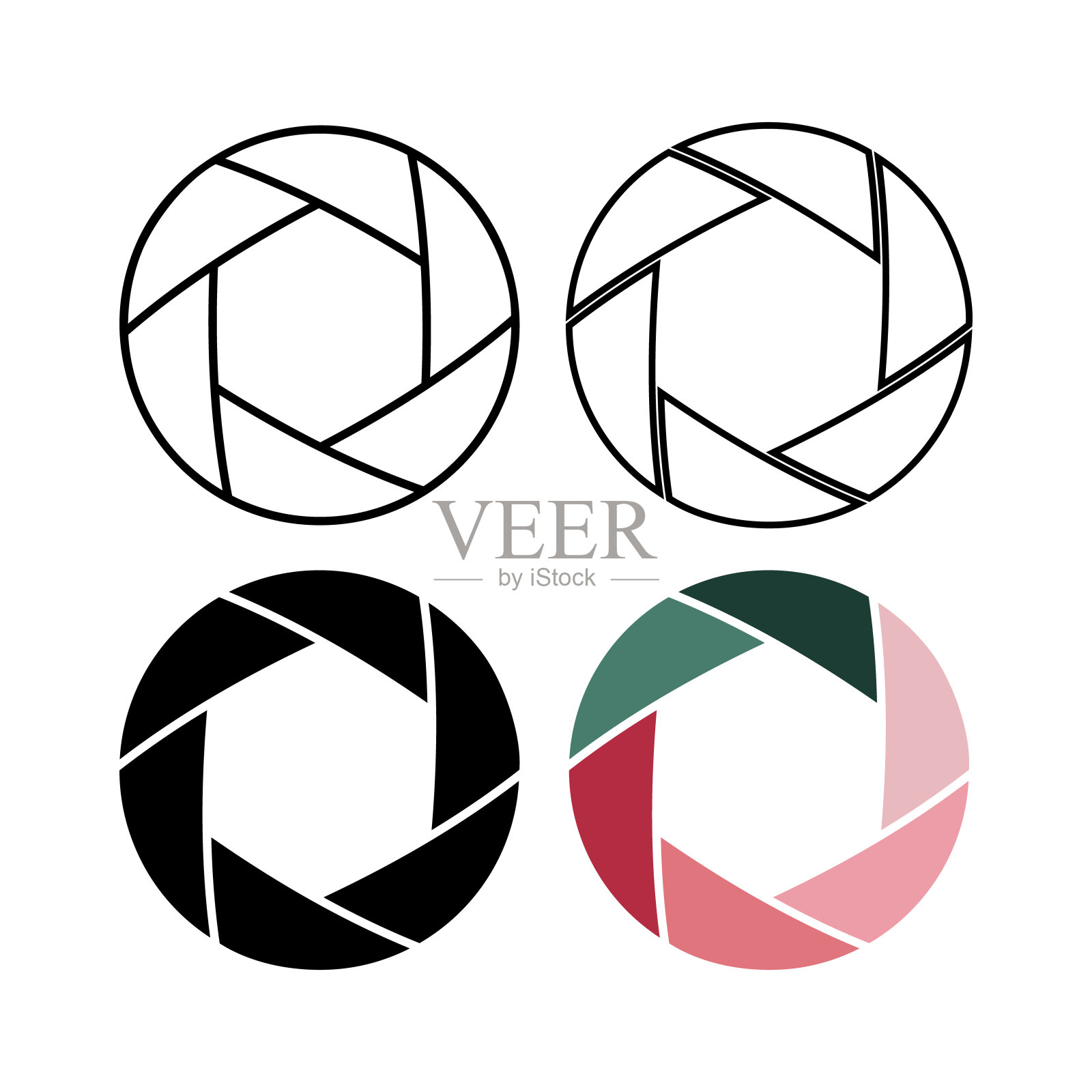 一组矢量光圈图标孤立在白色背景上。图标素材