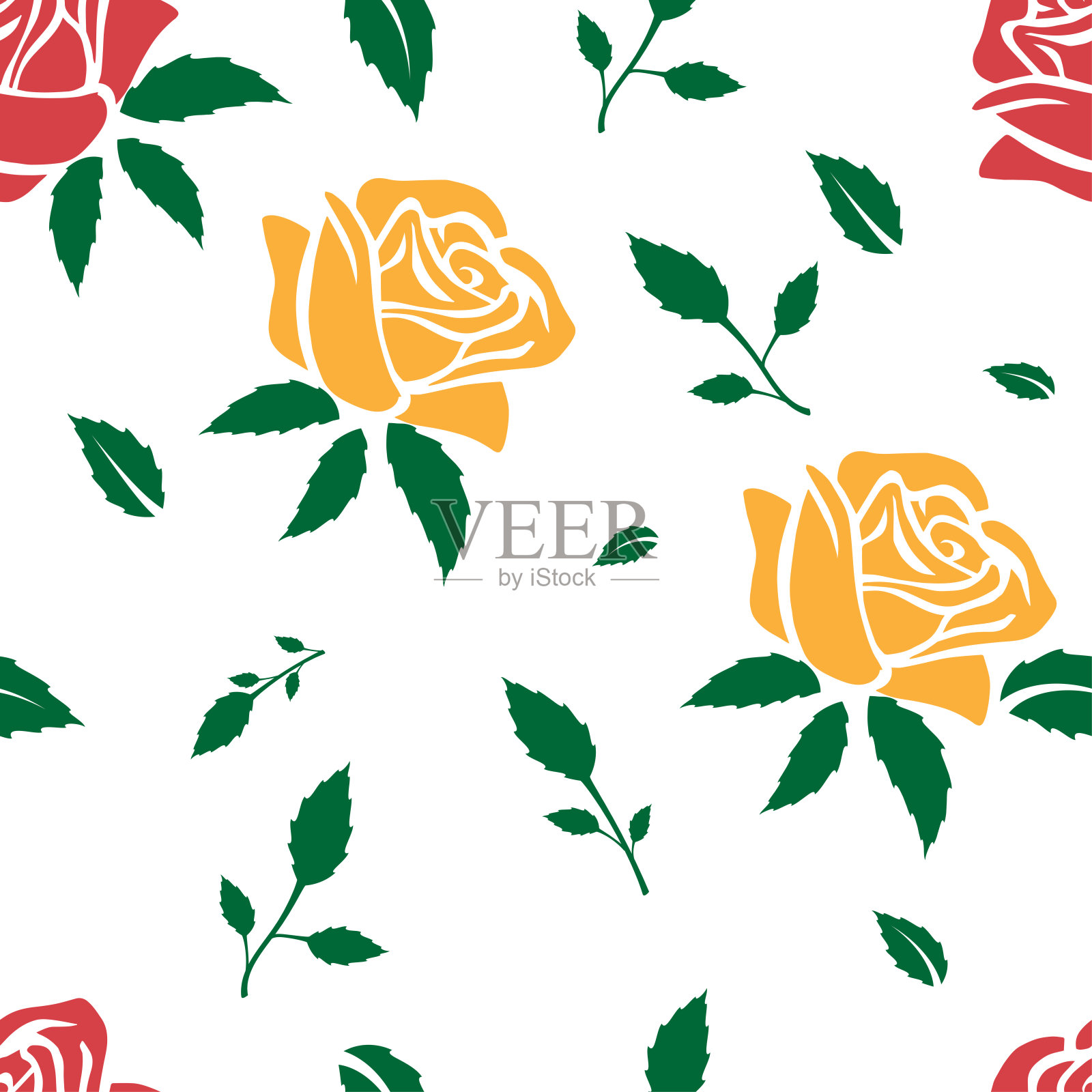 无缝矢量背景与抽象的玫瑰和叶子在白色的背景插画图片素材