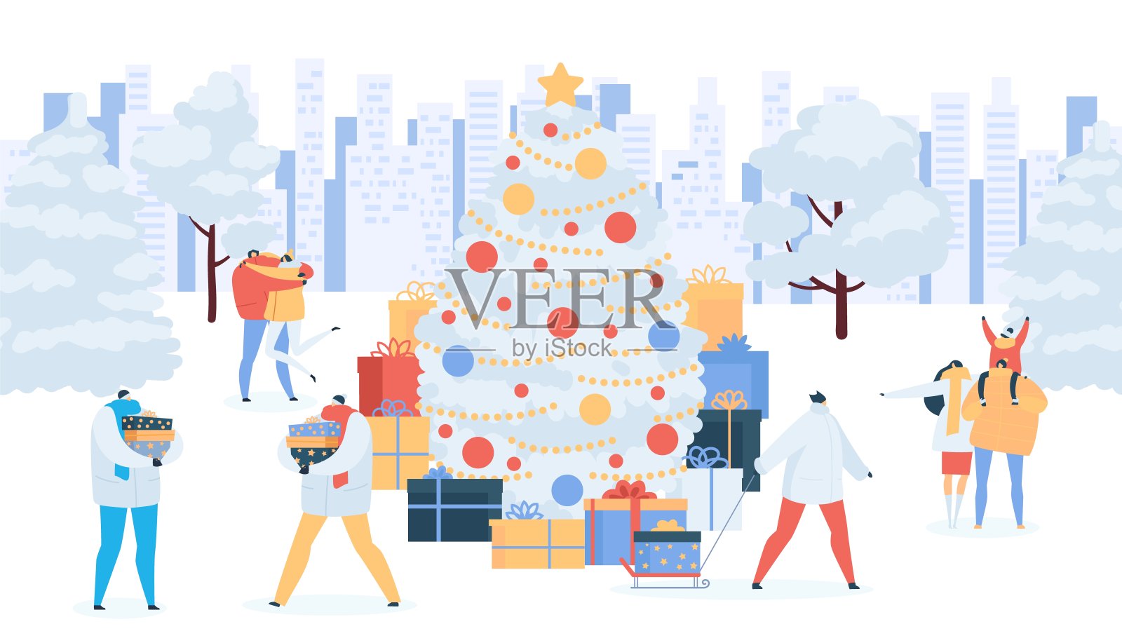 圣诞树和人们在寒假里带礼物向量一插画图片素材