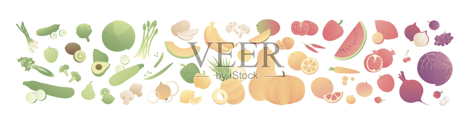 矢量颜色的水果和蔬菜海报。创意现代风格的植物平面插图，按颜色孤立的白色背景。设计横幅，海报，网页，素食夏季菜单，维生素设计元素图片
