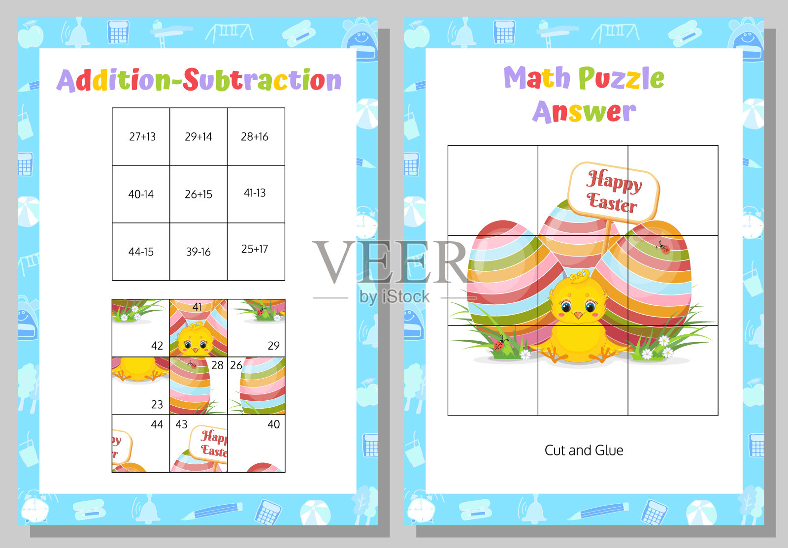 加法，减法数学拼图工作表。有教育意义的游戏。数学游戏。复活节快乐。矢量插图。插画图片素材