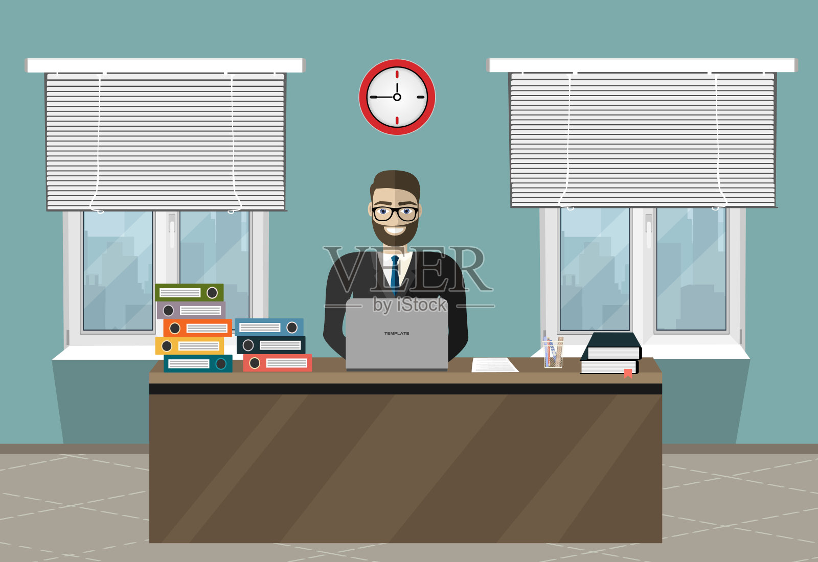 有办公用品的商人。管理的概念。办公室工作。平面向量插图插画图片素材