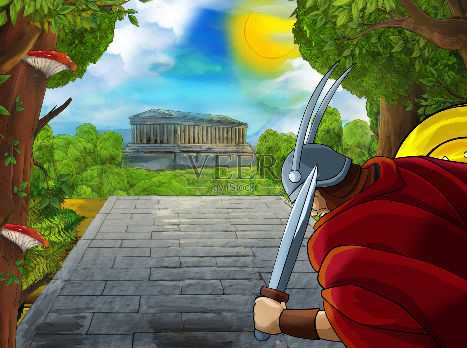 卡通场景与罗马或希腊古代人物附近的一些古老的建筑，如神庙在城市的道路上设计模板素材