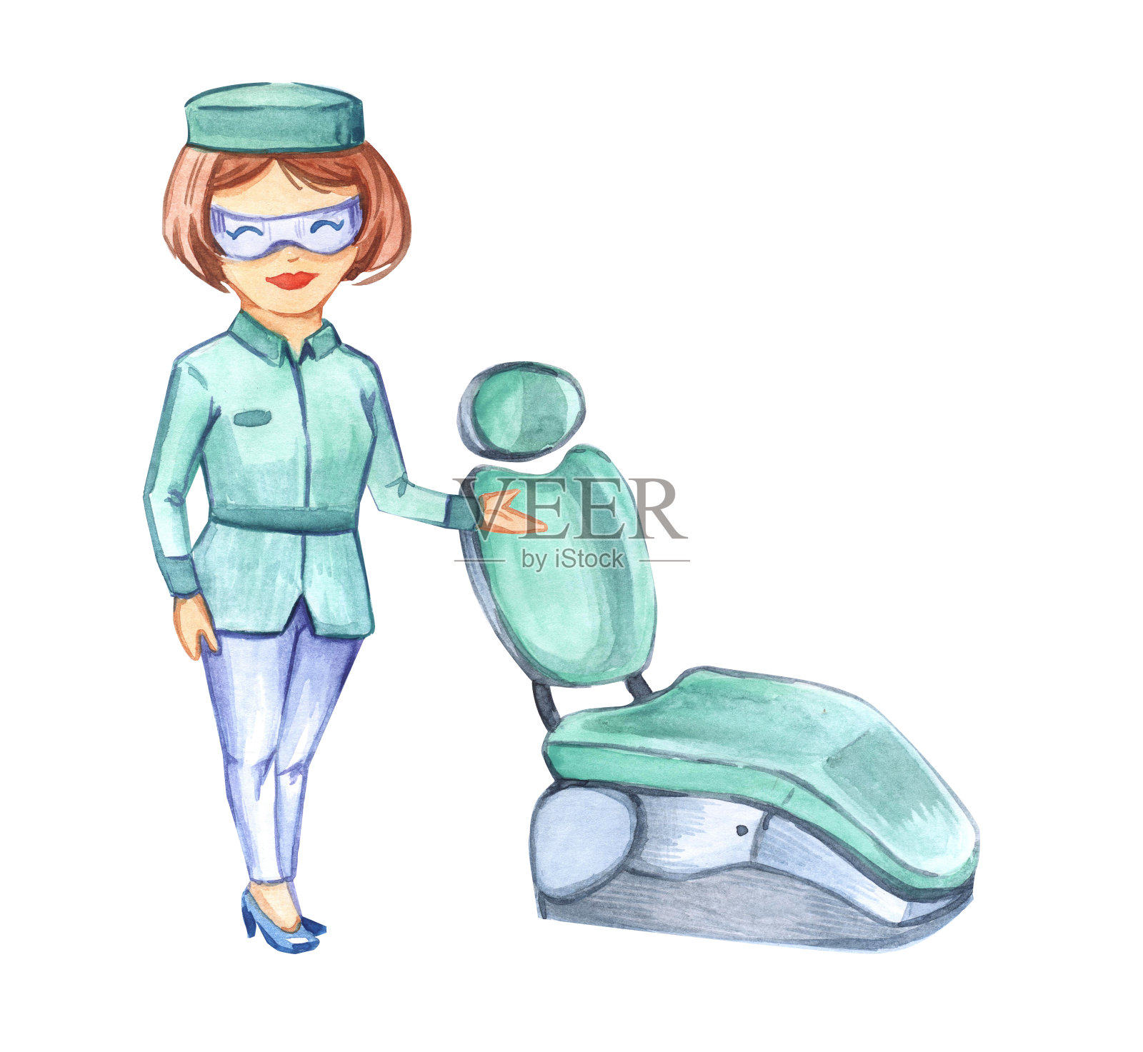 牙科的艺术。牙齿的模式。牙医。牙刷。牙膏。水彩插图。声音的牙齿。美丽的微笑。护士制服。医学。人类的健康。插画图片素材