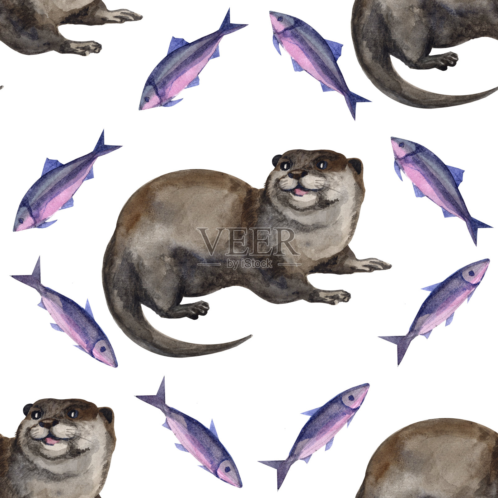 水彩无缝图案与水獭手绘装饰背景。印刷纺织品，布料，墙纸，剪贴簿插画图片素材