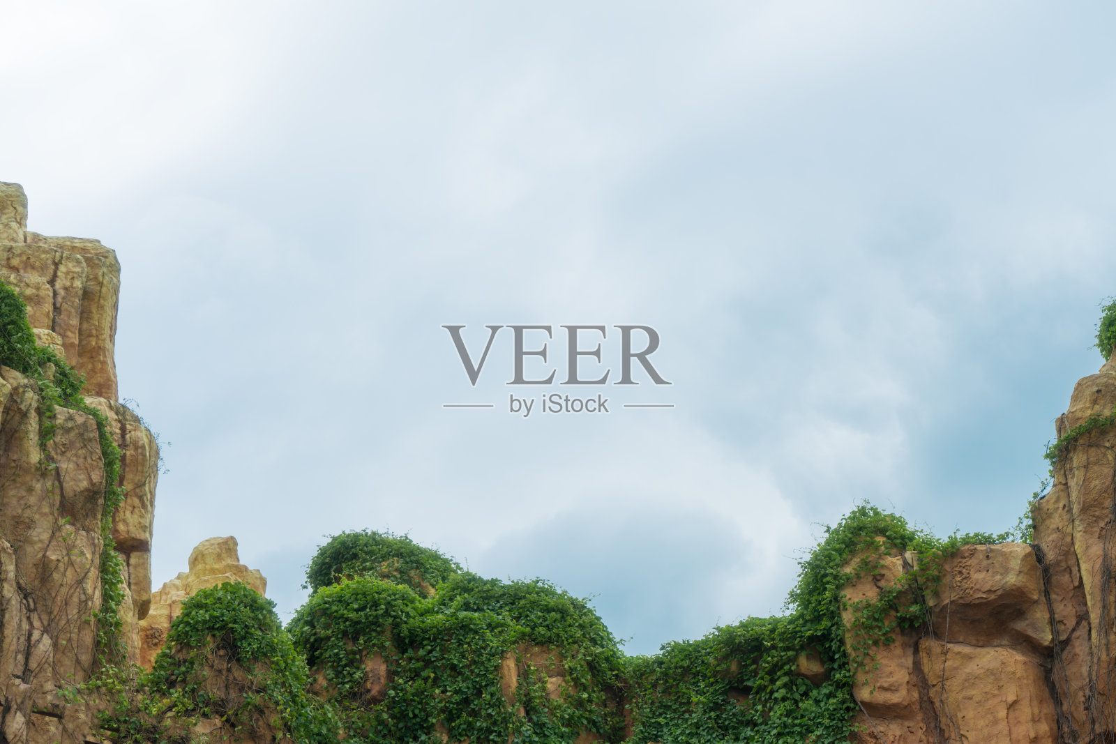 石头上爬满了常春藤，俯瞰着天空的云朵照片摄影图片