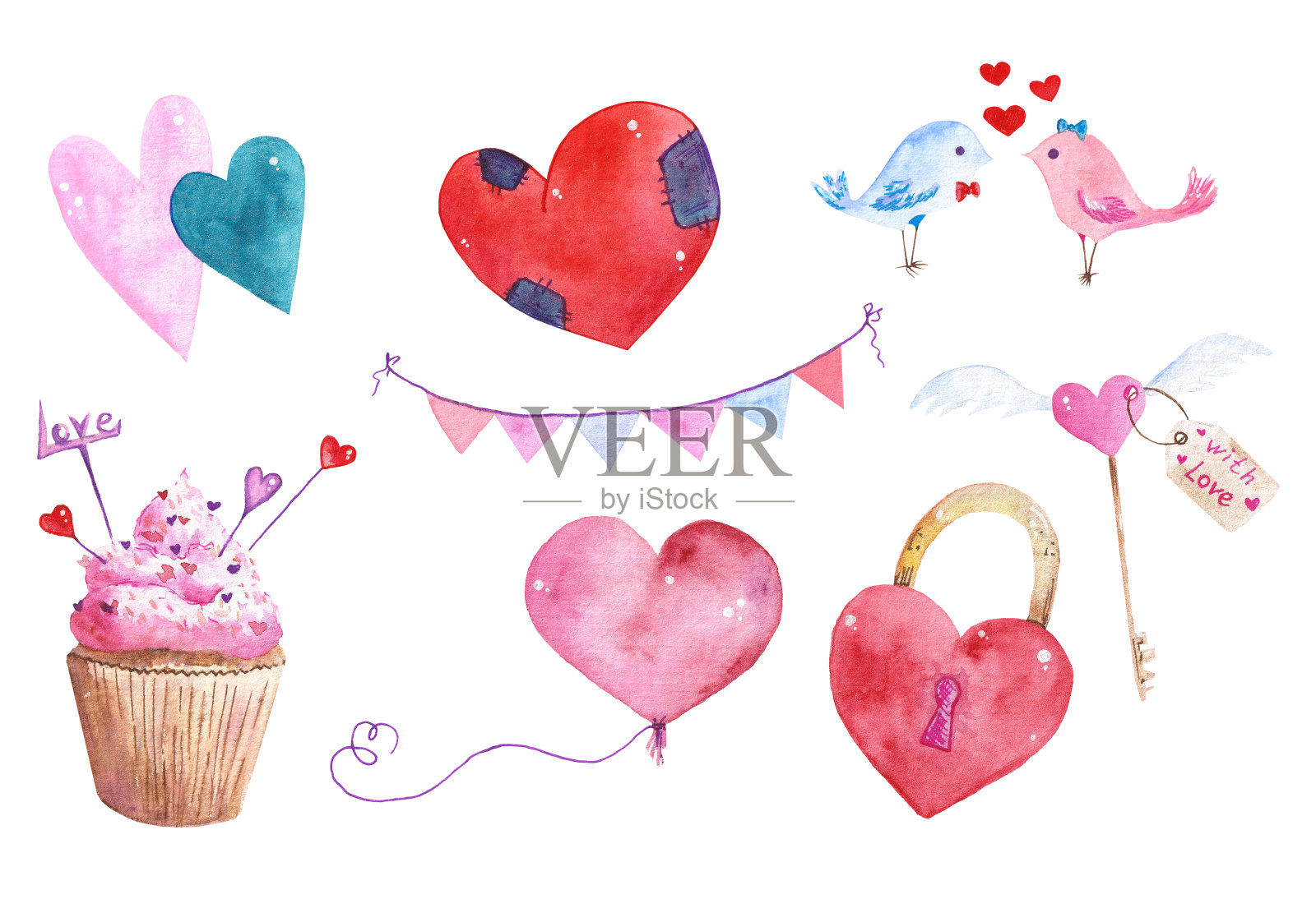 情人节水彩元素素材：剪贴簿设计插画图片素材