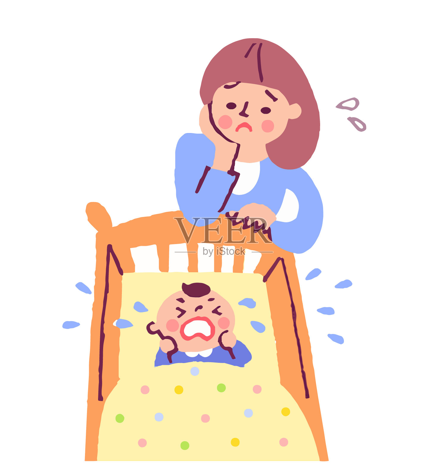 哭闹的婴儿和有麻烦的妈妈插画图片素材