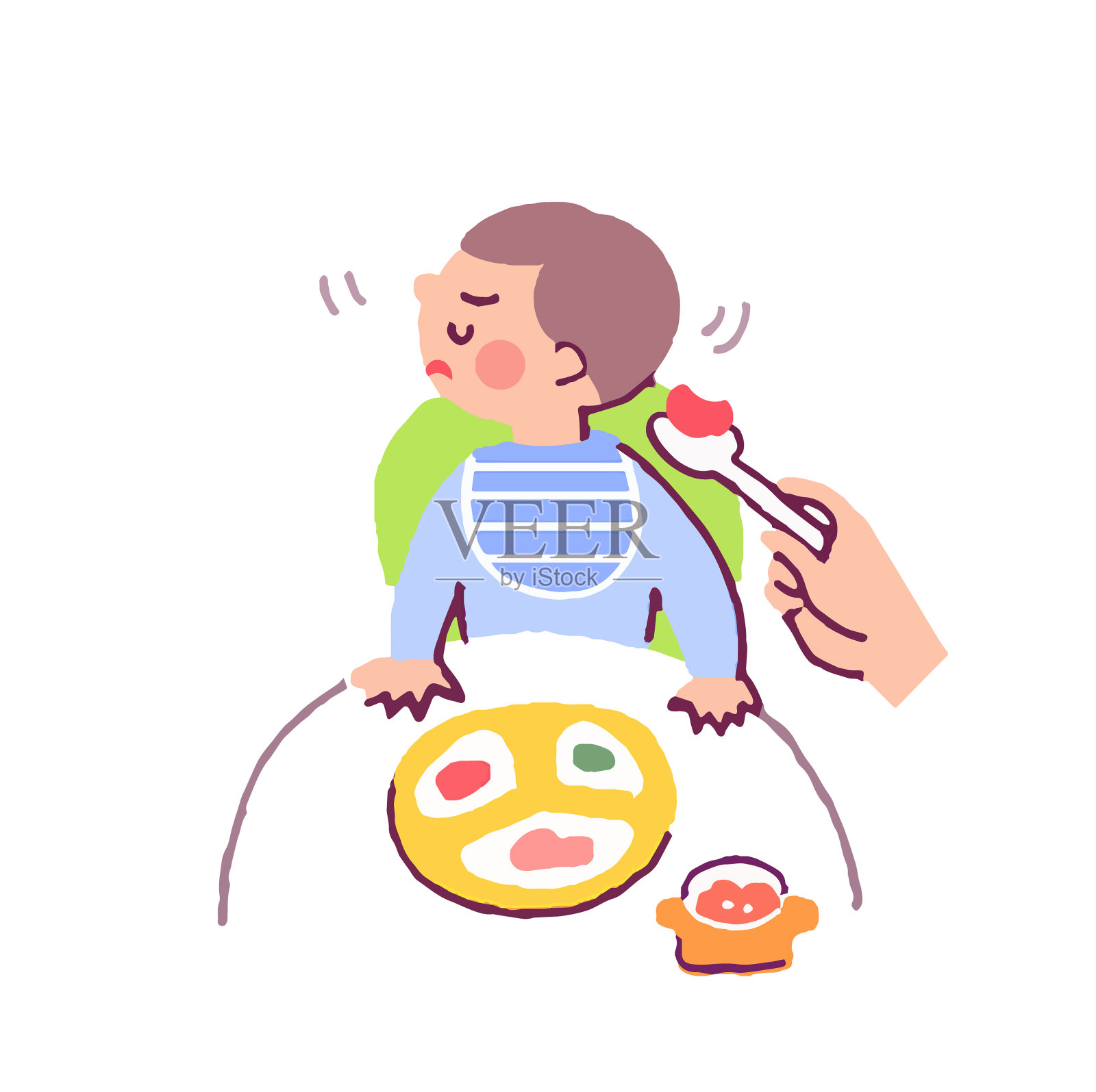 一个婴儿拒绝食物的场景插画图片素材