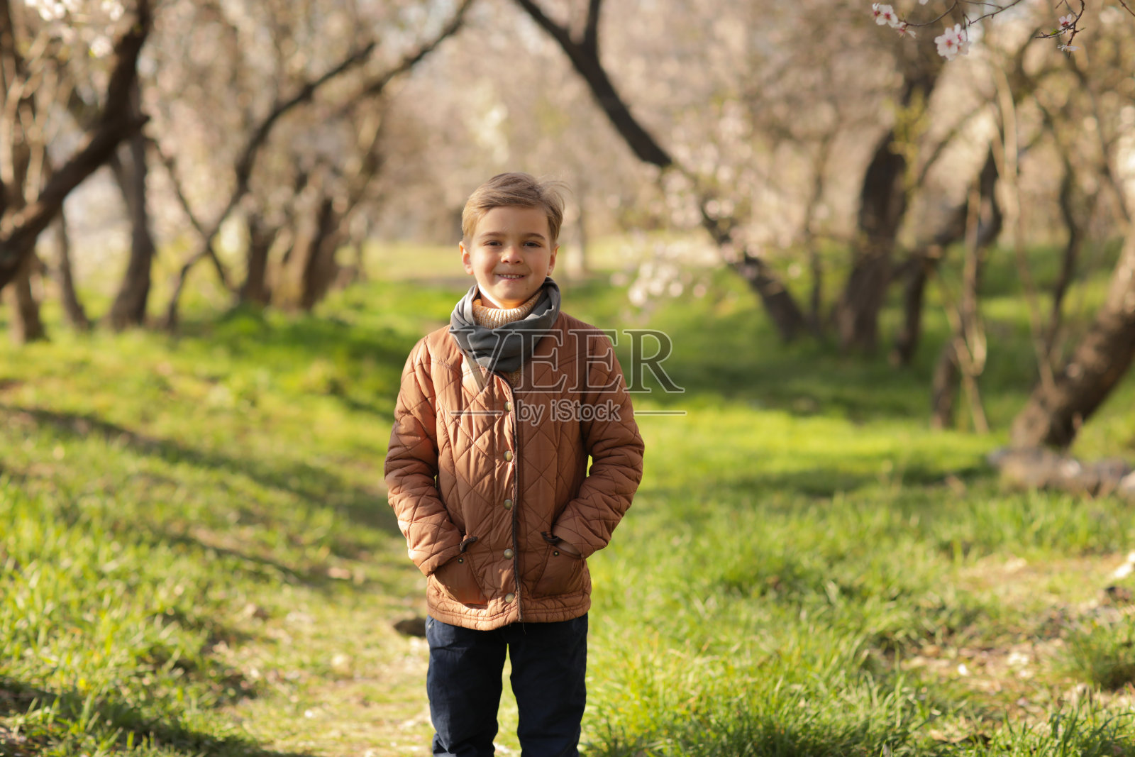 一个7岁的男孩在早春的大自然中沿着小路直接走向相机照片摄影图片