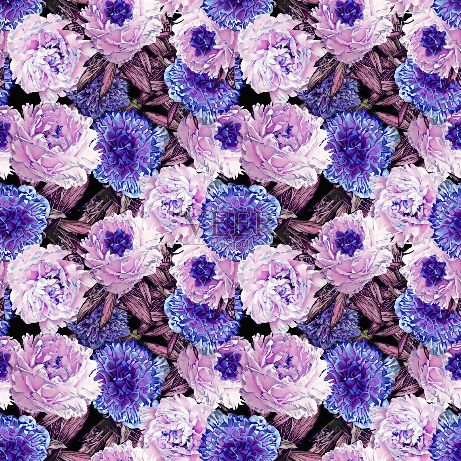 牡丹花束无缝图案。插画图片素材